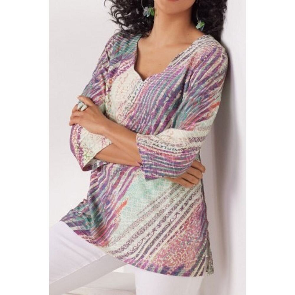 Soft Surroundings Estampa Printed Textured Tunic Top Multicolor 3/4 Sleeve Large